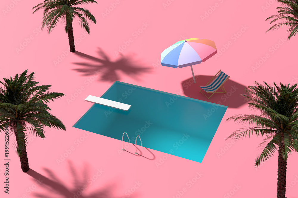 Obraz premium Swimming pool with diving board, beach umbrella and deck chair surrounded by palm trees on pink background