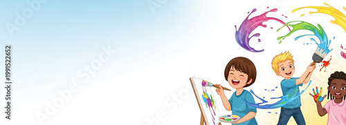 Diverse children happily painting and splashing vibrant colors, expressing imagination for artistic creativity and child development concept illustration