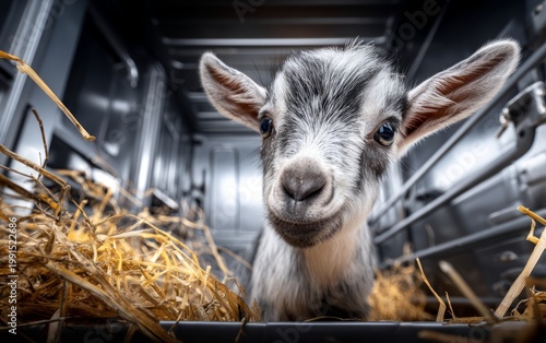 Kid Goat Inside Livestock Transport Crate with Straw