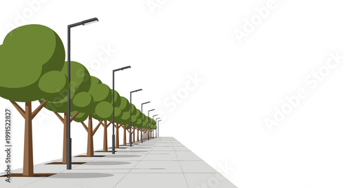 A linear perspective of a paved sidewalk lined with trees and streetlights on a clear day, showcasing urban greenery and public infrastructure