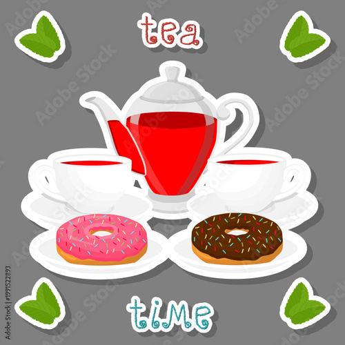 Teakettle for tasty tea with sweet dessert donut