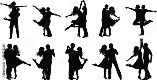 Set of ten black silhouettes of romantic couples dancing together in different elegant poses isolated on a white background for design, art, and creative projects