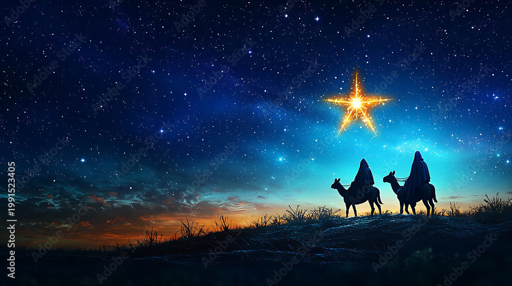 Fototapeta premium Three Wise Men Following Star on Camelback Across Desert Landscape at Night.