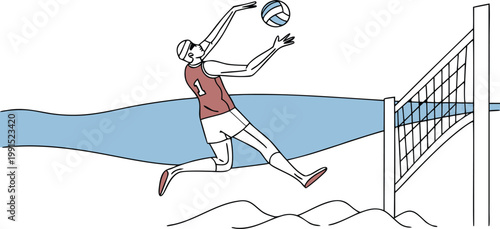 Man jumping to hit a volleyball on the beach with a net.