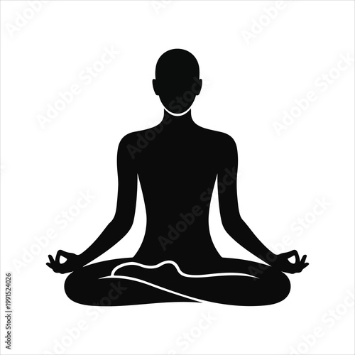  A black silhouette vector illustration of a woman sitting in a lotus pose for yoga and meditation to promote zen, health, and spiritual relaxation