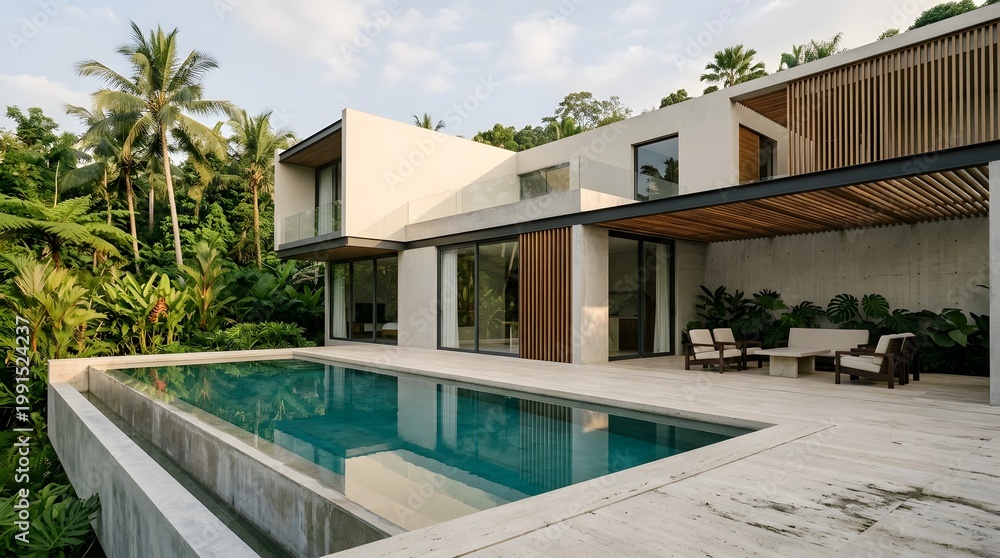 Fototapeta premium Modern house with pool and patio surrounded by tropical trees and greenery outdoors