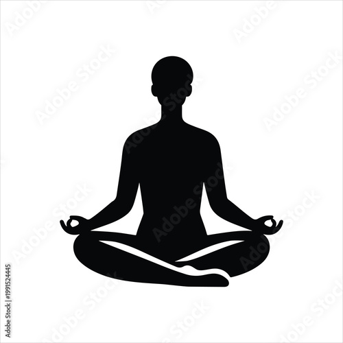 A black silhouette vector illustration of a woman sitting in a lotus pose for yoga and meditation to promote zen, health, and spiritual relaxation