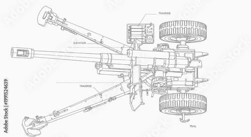 Line art blueprint of a howitzer artillery gun with traverse elevation and trail detailed technical drawing in grey outline for engineering