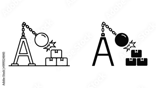 Black and white line icons of wrecking ball hitting blocks with letter a