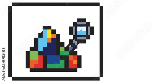 Pixel art style wizard with magical orb staff casting spell video game sprite character colorful sorcerer with blue green and yellow elements