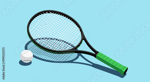 Tennis racket and ball casting shadow on light blue backdrop in vector illustration style for sports equipment presentation