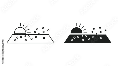 Black and white icons of sun rising over a pile with particles