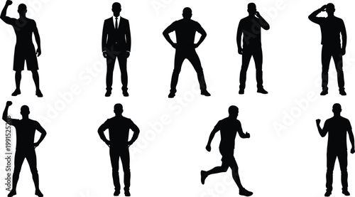 Black Silhouettes of Men in Various Poses Including Standing, Running, and Gesturing, Isolated on White Background for Active Lifestyle and Corporate Professional Design Projects