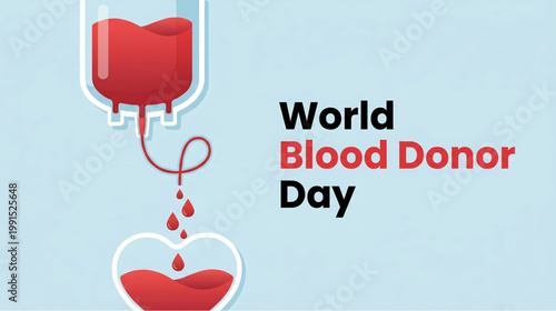 Blood donation concept with medical bag dripping into heart shape on blue background for world donor awareness campaign healthcare support and life saving message promotion