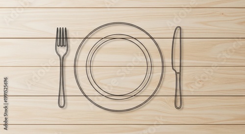 Plate and cutlery arranged on wooden table for dining setting  