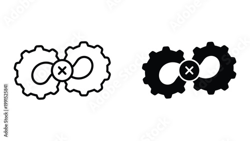 Black and white gear icons with an x marked through them