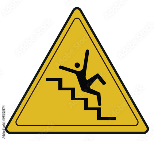 Yellow Warning Sign Symbolizing Danger of Falling Down Stairs or Steps