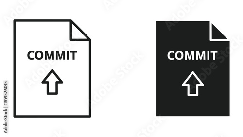 Black and white icons of file document with commit text and up arrow on white background