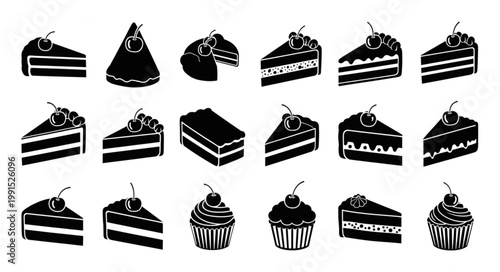 Collection of Black and White Cake and Cupcake Illustrations.