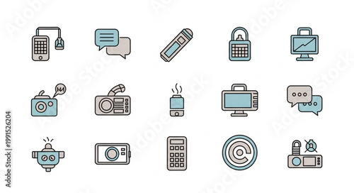 Collection of electronic devices and communication icons.