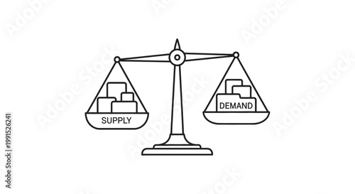 Conceptual illustration depicting the crucial economic challenge of high consumer demand outstripping limited market supply, clearly represented by an unbalanced weighing scale graphic