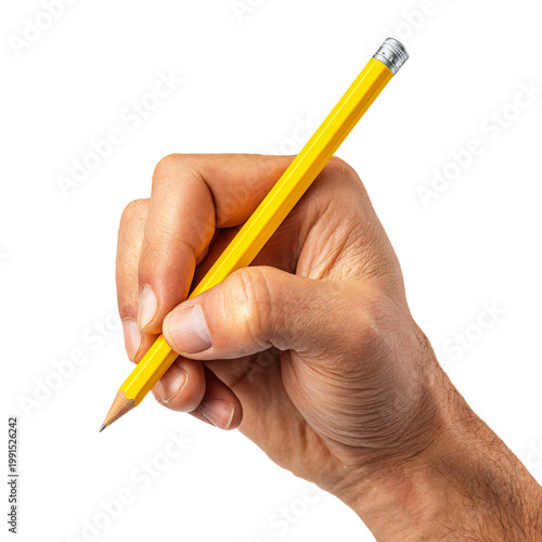 Professional Isolated Hand Holding Yellow Crayon Writing on White Background