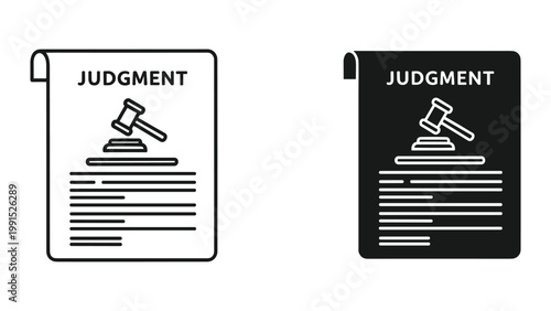Judgment documents with gavel icons in black and white line art styles