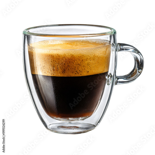 Professional Isolated Hot Espresso Coffee in Clear Glass Cup on White Background