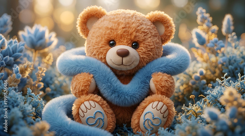 A soft, fluffy brown teddy bear sits isolated on a beach and a blue background, representing a cuddly stuffed animal toy gift from childhood