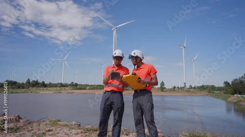 Asian engineers using a tablet to inspect wind turbines at a renewable energy site, representing clean energy operations and sustainable technology use.