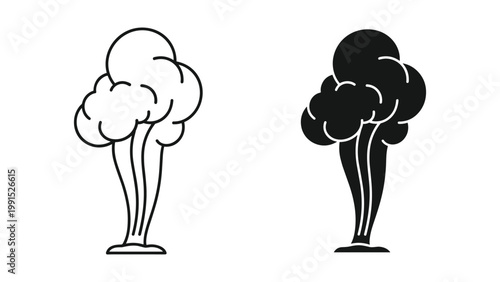 Black and white illustration of tree with three trunks and round crown