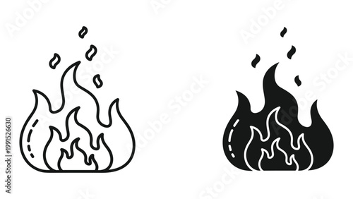 Vector illustrations of black and white flame icons on white background