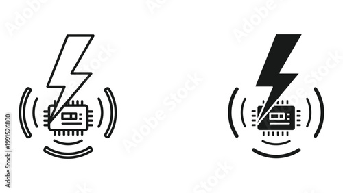 Vector icons of electronic microchip with lightning bolt and wireless signal