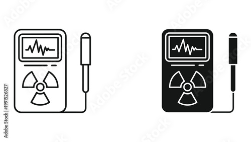 Radiation detector icons with a geiger counter and monitor screen