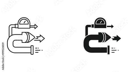 Black and white line icons of industrial pipe systems with gauges and arrows