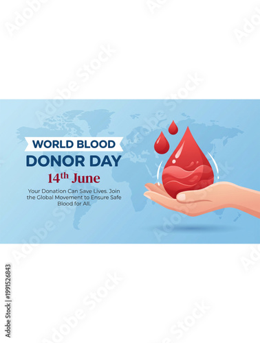 World blood donor awareness illustration with hand holding red drop on blue background for healthcare campaign support and life saving voluntary donation promotion