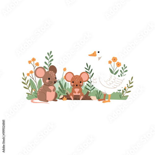 Illustrated hedgehog and robin perched among flowers and greenery in a cheerful, stylized composition.