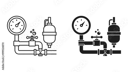 Black and white line and solid icon set of industrial pipe systems with gauges and filters on white background