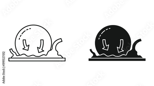Black and white line icons of melting ball with downward arrows
