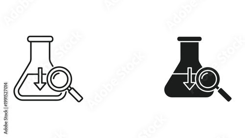 Black and white line icons of laboratory flask with magnifying glass