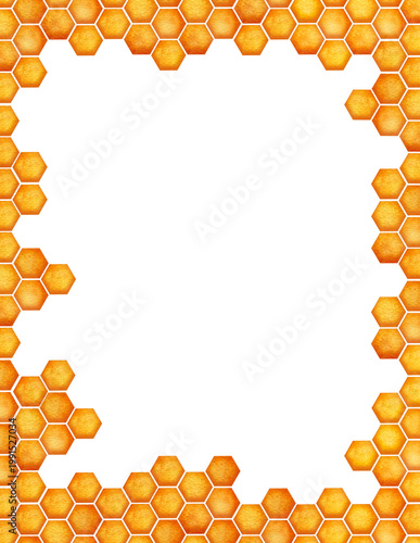 Honeycomb frame drawing. World Bee day conctpt.  Watercolor element hexagonal bee honeycombs border. Concept save the bees and ecology and ecosystem.