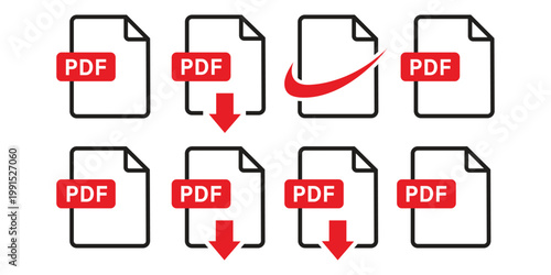 PDF file format icons set. PDF file download symbols. Format for texts, images, vector images, videos, interactive forms - stock vector.