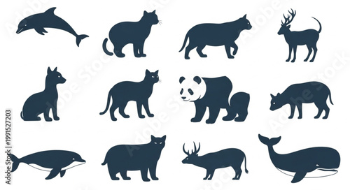 Collection of Diverse Animal Silhouettes on White Background.
