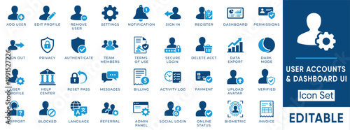 User account dashboard solid icon set. Includes symbols for Biometric, Authenticate, Invoice and Admin. Vector icons for web interface and app management.