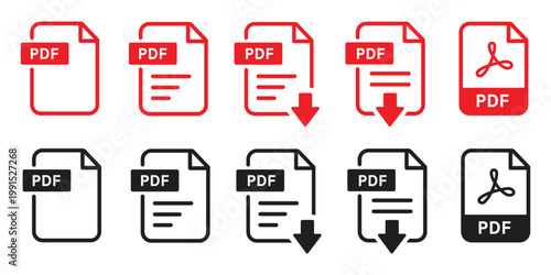 Modern Red and Black File Format Symbols with Download Arrows and Acrobat Style Logos for Digital Document Management  Web Interface Design  and Software UI Buttons - Vector Illustration.