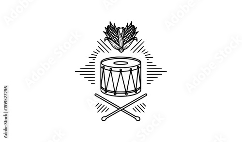 Vintage drum and corn emblem vector crossed drumsticks rustic folk design traditional symbol isolated white background