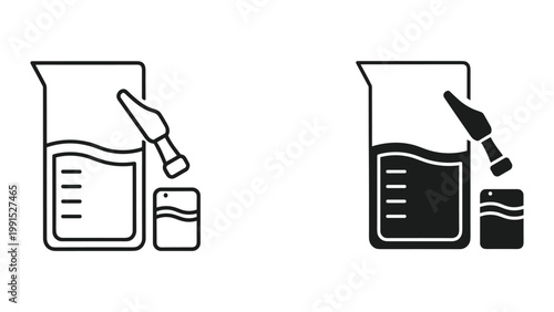 Black and white line icons of laboratory equipment with pipettes and beakers
