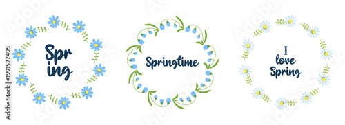 3 Round floral frames collection. chamomile with inscription Spring in center. Seasonal hand drawn card, poster, web banner. Vector illustration on white background.