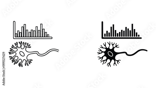 Neuron cells with graph charts for data analysis and neuroscience research isolated on white background
