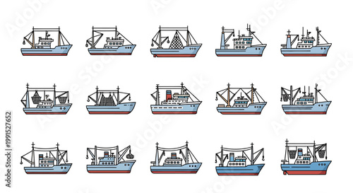 Collection of Fishing Trawler Boats Illustrated.